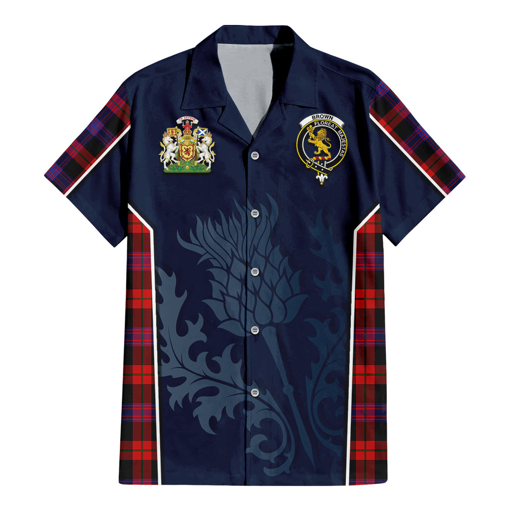 Tartan Vibes Clothing Brown Tartan Short Sleeve Button Up Shirt with Family Crest and Scottish Thistle Vibes Sport Style