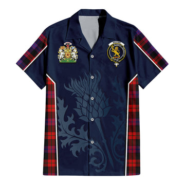 Brown (Broun) Tartan Short Sleeve Button Up Shirt with Family Crest and Scottish Thistle Vibes Sport Style