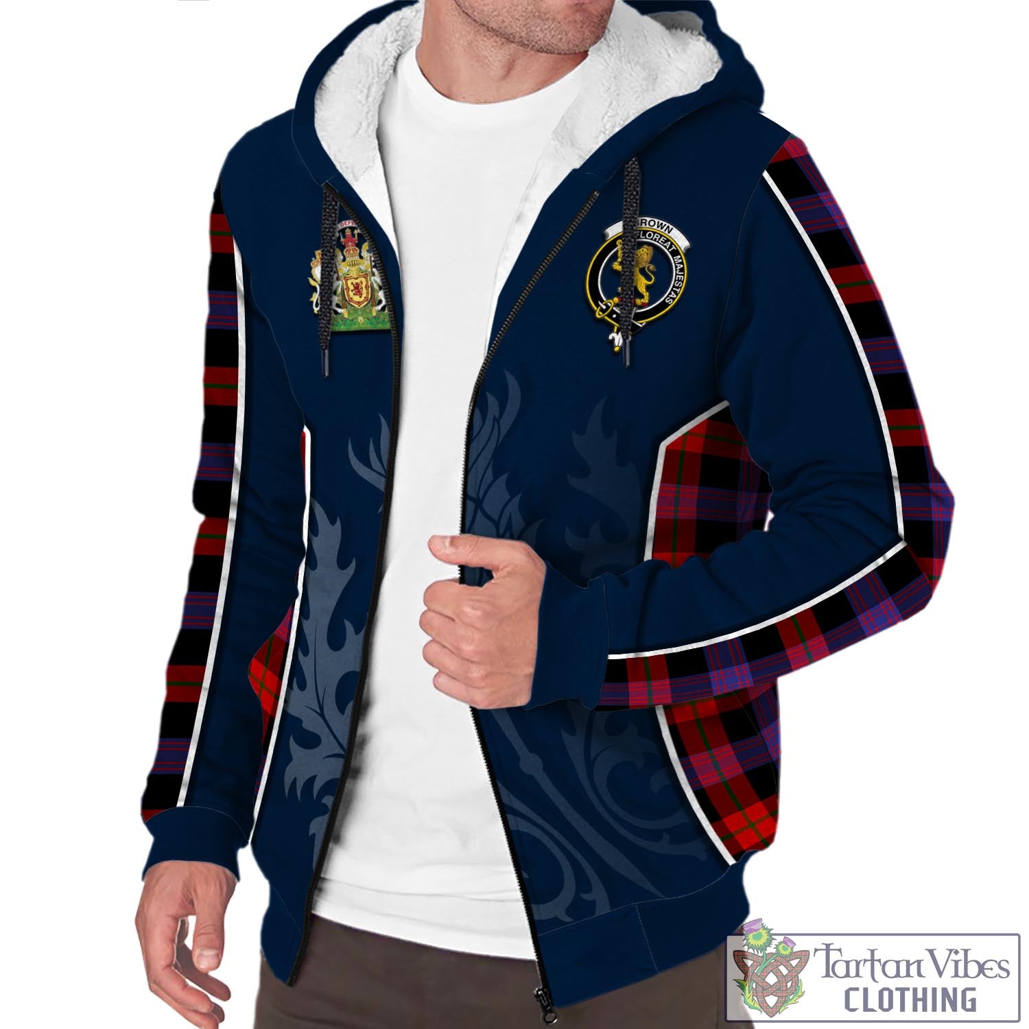 Tartan Vibes Clothing Brown Tartan Sherpa Hoodie with Family Crest and Scottish Thistle Vibes Sport Style