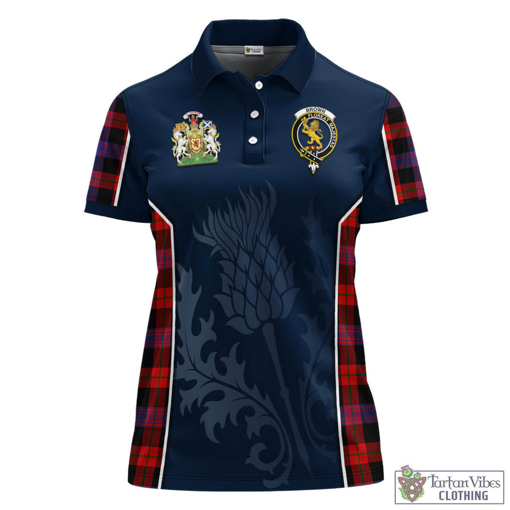 Tartan Vibes Clothing Brown Tartan Women's Polo Shirt with Family Crest and Scottish Thistle Vibes Sport Style