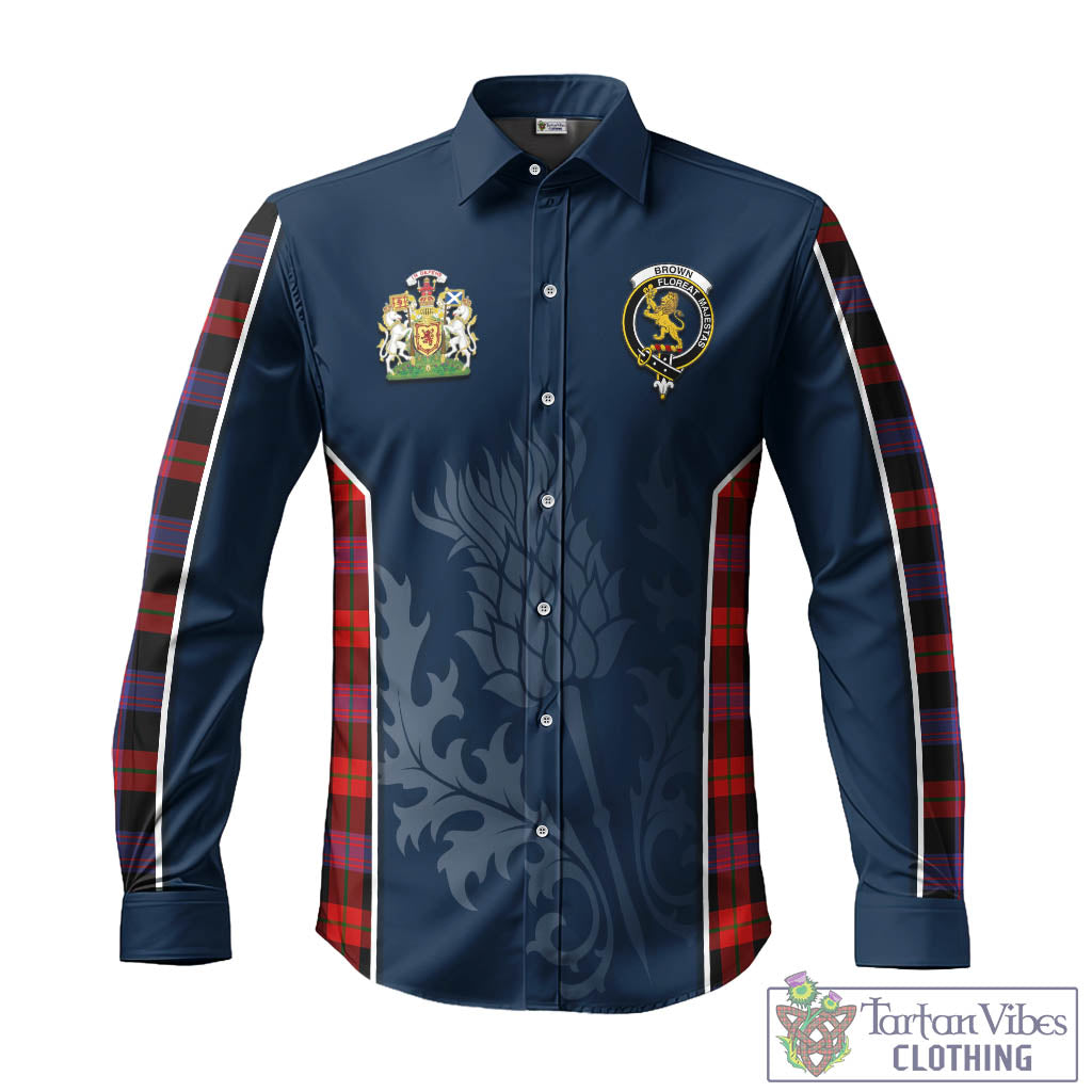 Tartan Vibes Clothing Brown Tartan Long Sleeve Button Up Shirt with Family Crest and Scottish Thistle Vibes Sport Style