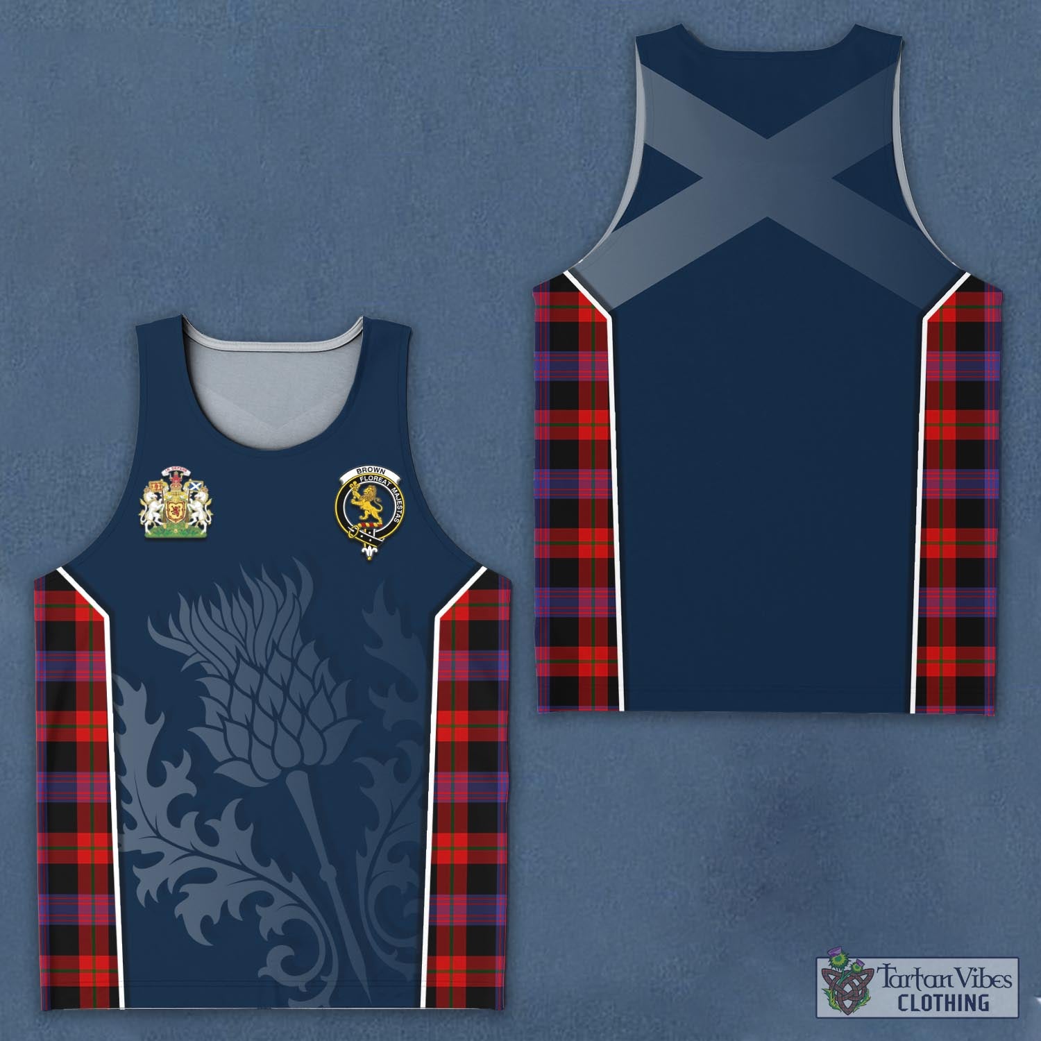 Tartan Vibes Clothing Brown Tartan Men's Tanks Top with Family Crest and Scottish Thistle Vibes Sport Style