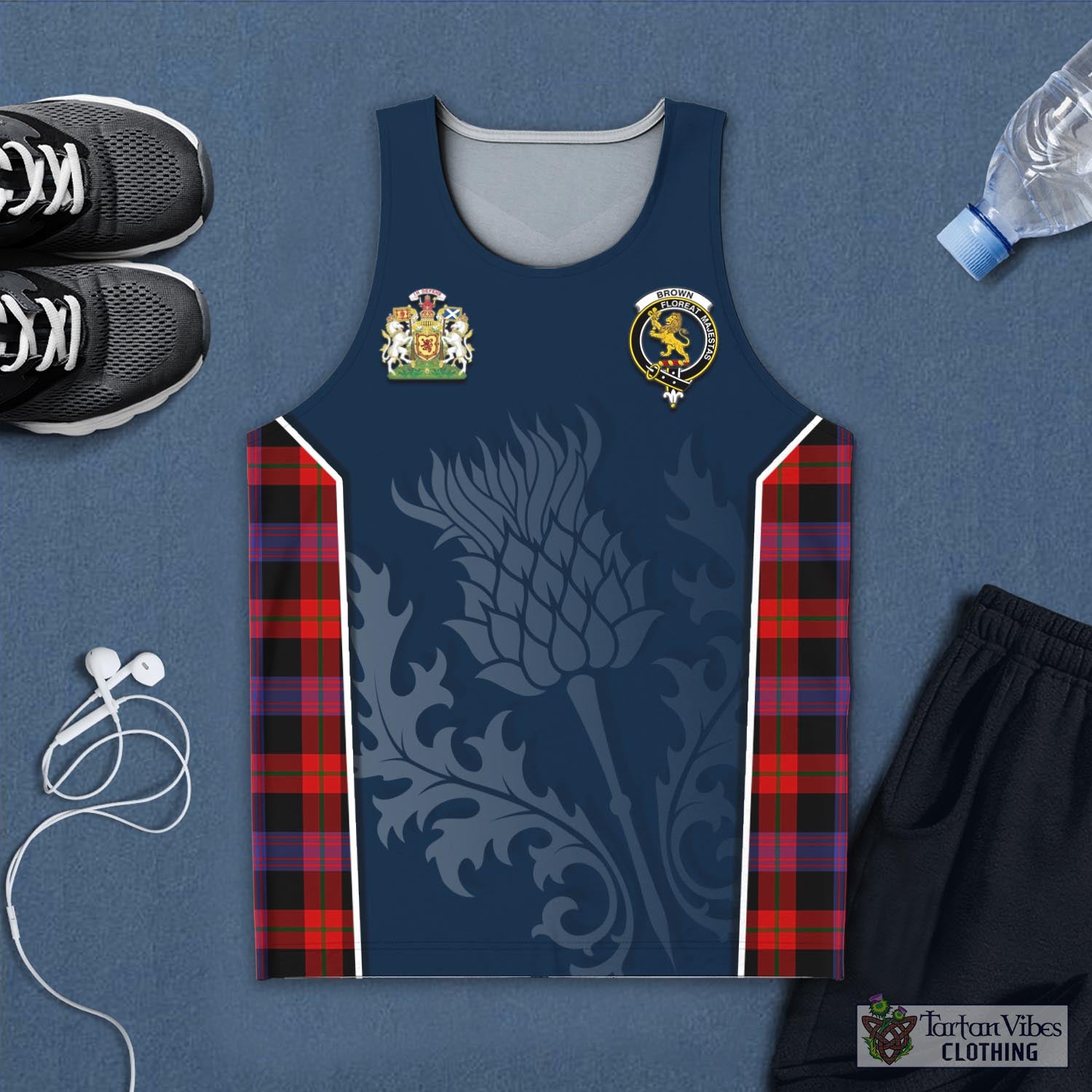 Tartan Vibes Clothing Brown Tartan Men's Tanks Top with Family Crest and Scottish Thistle Vibes Sport Style