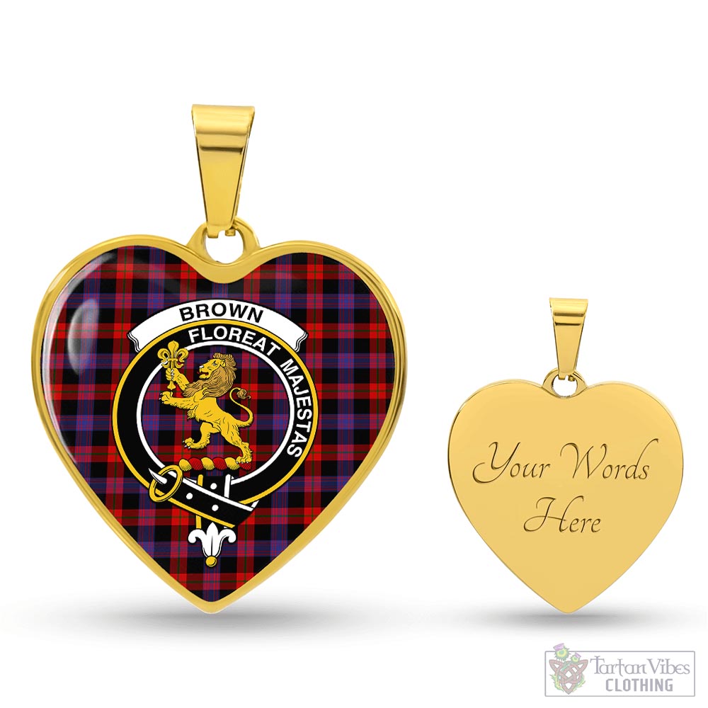 Brown (Broun) Tartan Heart Necklace with Family Crest Luxury Necklace (Gold) Yes - Tartan Vibes Clothing