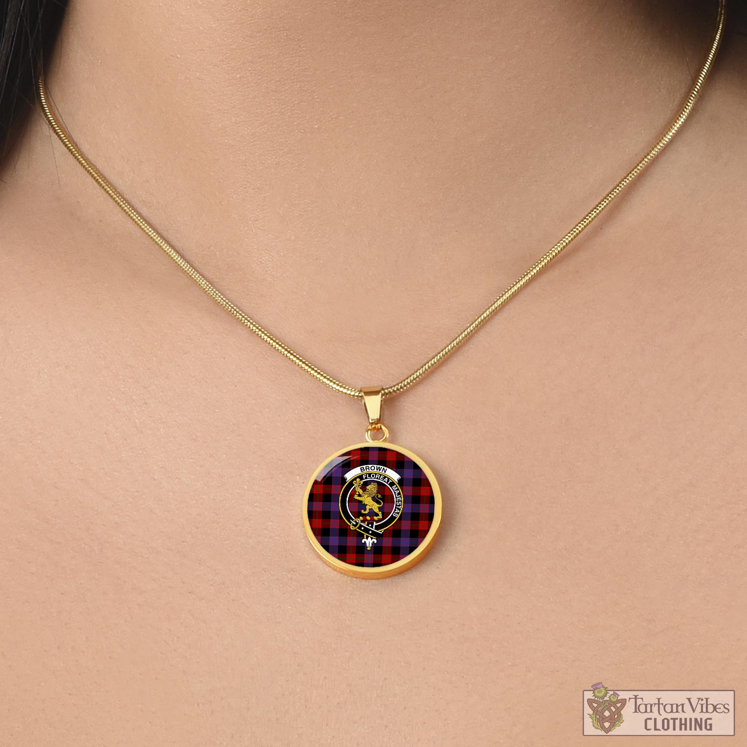 Tartan Vibes Clothing Brown Tartan Circle Necklace with Family Crest