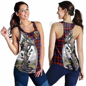 Brown (Broun) Tartan Women's Racerback Tanks with Family Crest and St. Andrew's Cross Accented by Thistle Vines