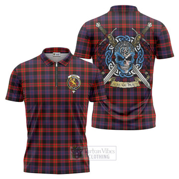 Brown (Broun) Tartan Zipper Polo Shirt with Family Crest Celtic Skull Style Unisex - Tartan Vibes Clothing