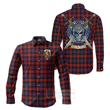 Brown (Broun) Tartan Long Sleeve Button Shirt with Family Crest Celtic Skull Style Men's Shirt S - Tartan Vibes Clothing