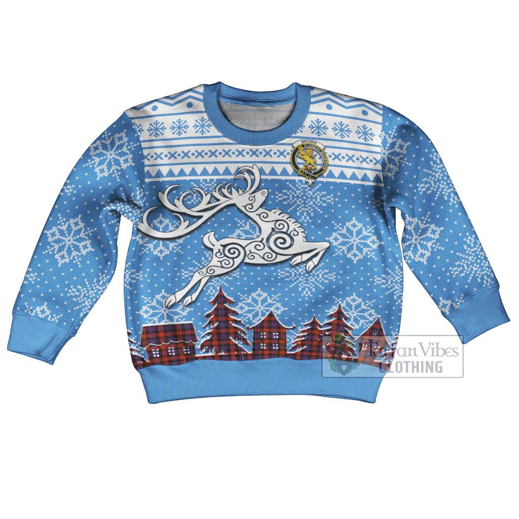 Tartan Vibes Clothing Brown (Broun) Clan Christmas Kid Ugly Sweater with Tartan and Celtic Raindeer Style