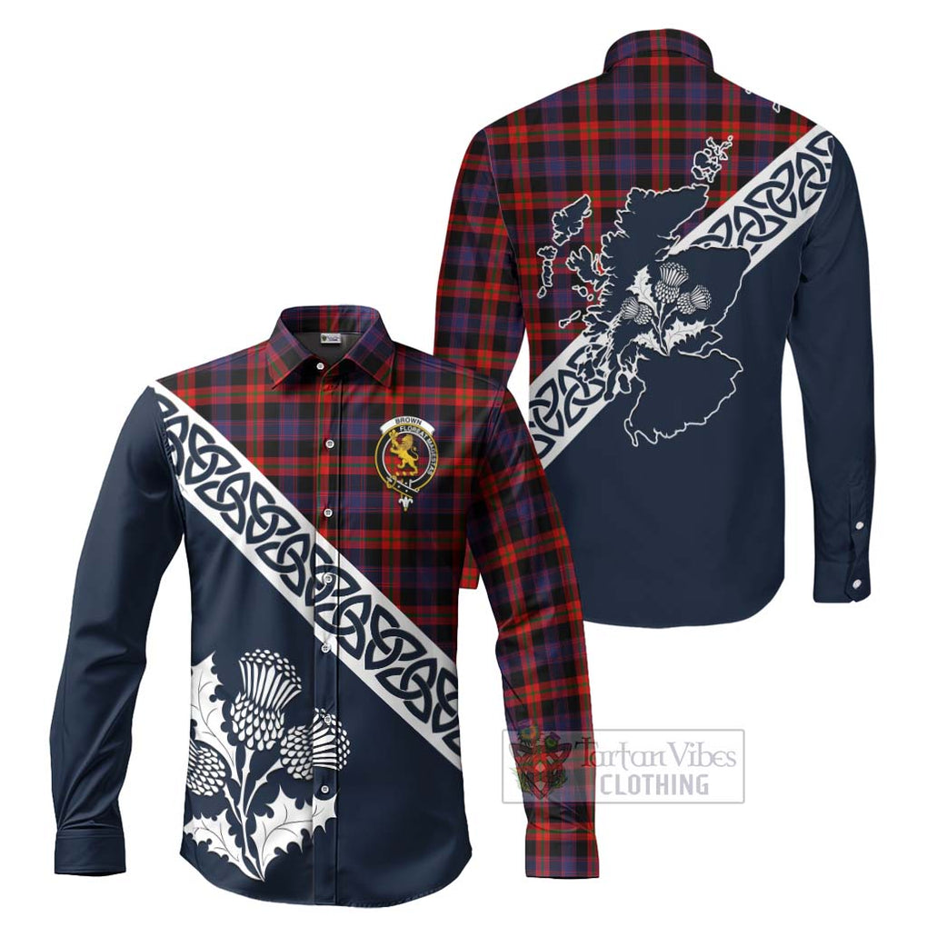 Brown (Broun) Tartan Long Sleeve Button Shirt Featuring Thistle and Scotland Map Men's Shirt S - Tartan Vibes Clothing