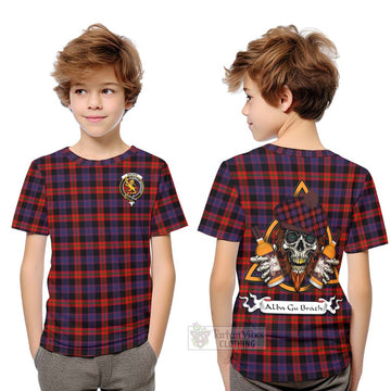 Brown (Broun) Tartan Kid T-Shirt with Family Crest and Bearded Skull Holding Bottles of Whiskey Youth XL Size14 - Tartan Vibes Clothing