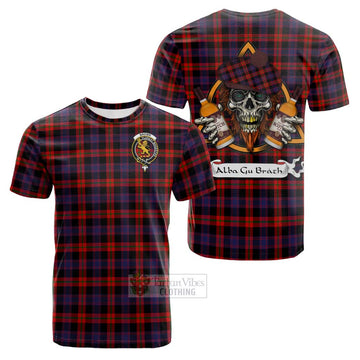 Brown (Broun) Tartan Cotton T-shirt with Family Crest and Bearded Skull Holding Bottles of Whiskey Kid's Shirt - Tartan Vibes Clothing