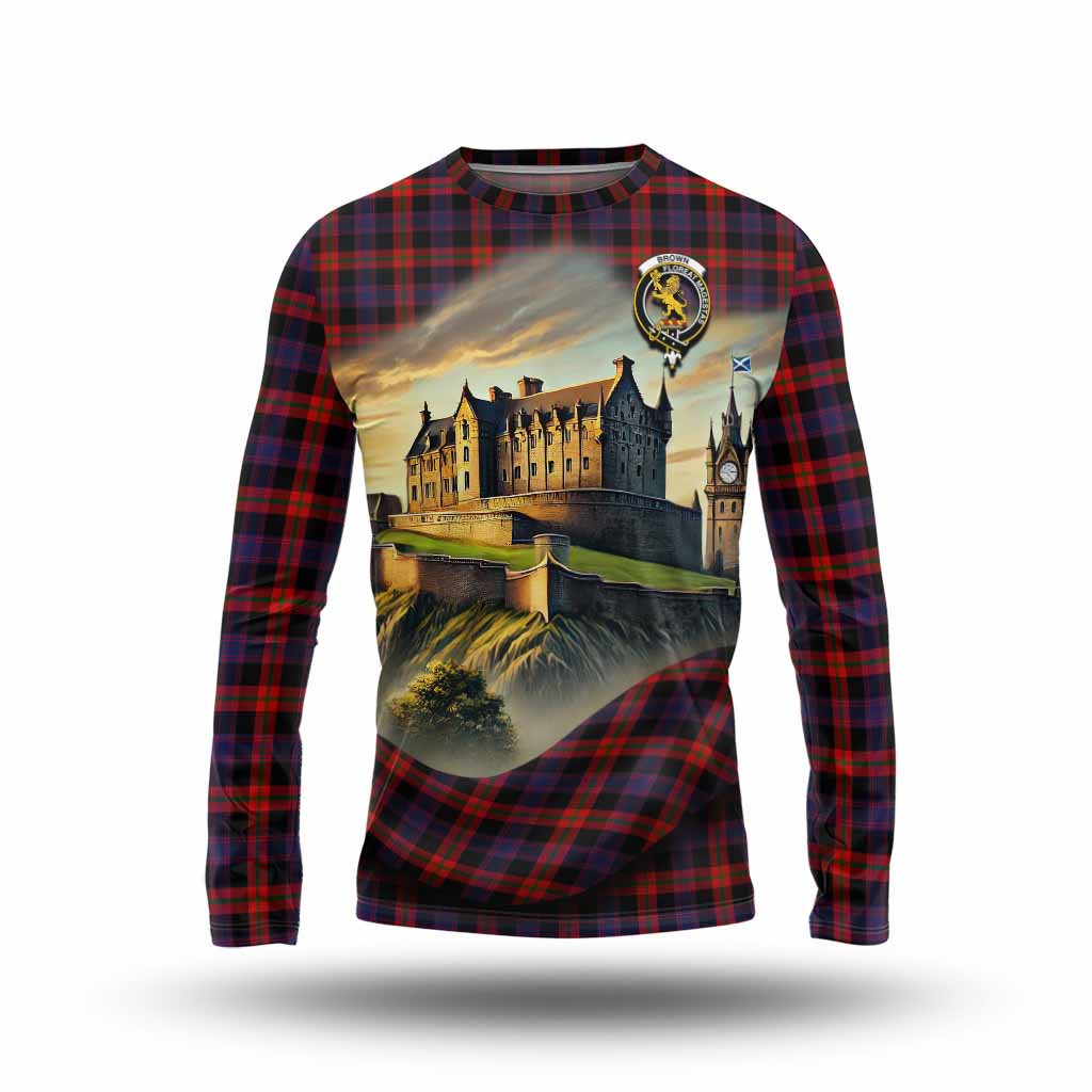 Brown (Broun) Tartan Family Crest Long Sleeve T-Shirt with Scottish Ancient Castle Style Unisex - Tartan Vibes Clothing