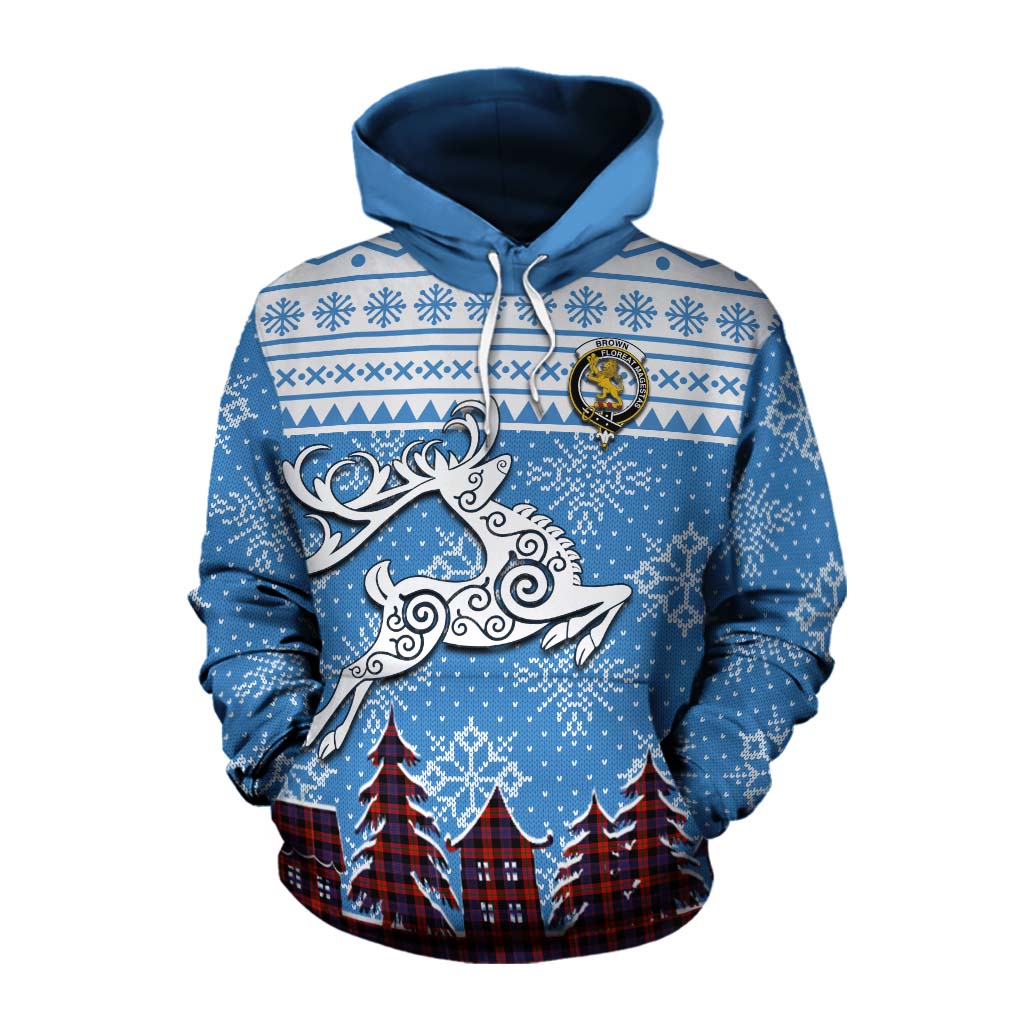 Tartan Vibes Clothing Brown (Broun) Clan Christmas Cotton Hoodie Celtic Reindeer Style