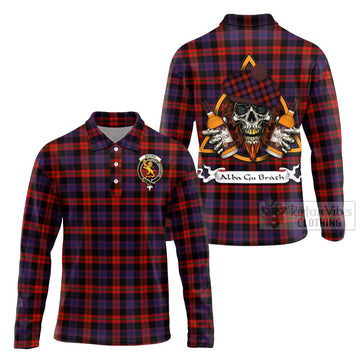 Brown (Broun) Tartan Long Sleeve Polo Shirt with Family Crest and Bearded Skull Holding Bottles of Whiskey Unisex - Tartan Vibes Clothing