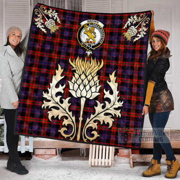 Brown (Broun) Tartan Quilt with Family Crest and Golden Thistle Style Super King Quilt 91" x 110" - Tartan Vibes Clothing