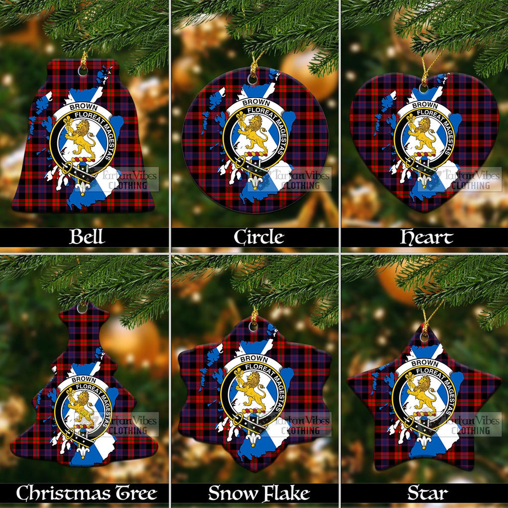 Tartan Vibes Clothing Brown (Broun) Tartan Christmas Ornament with Family Crest and Scotland Map