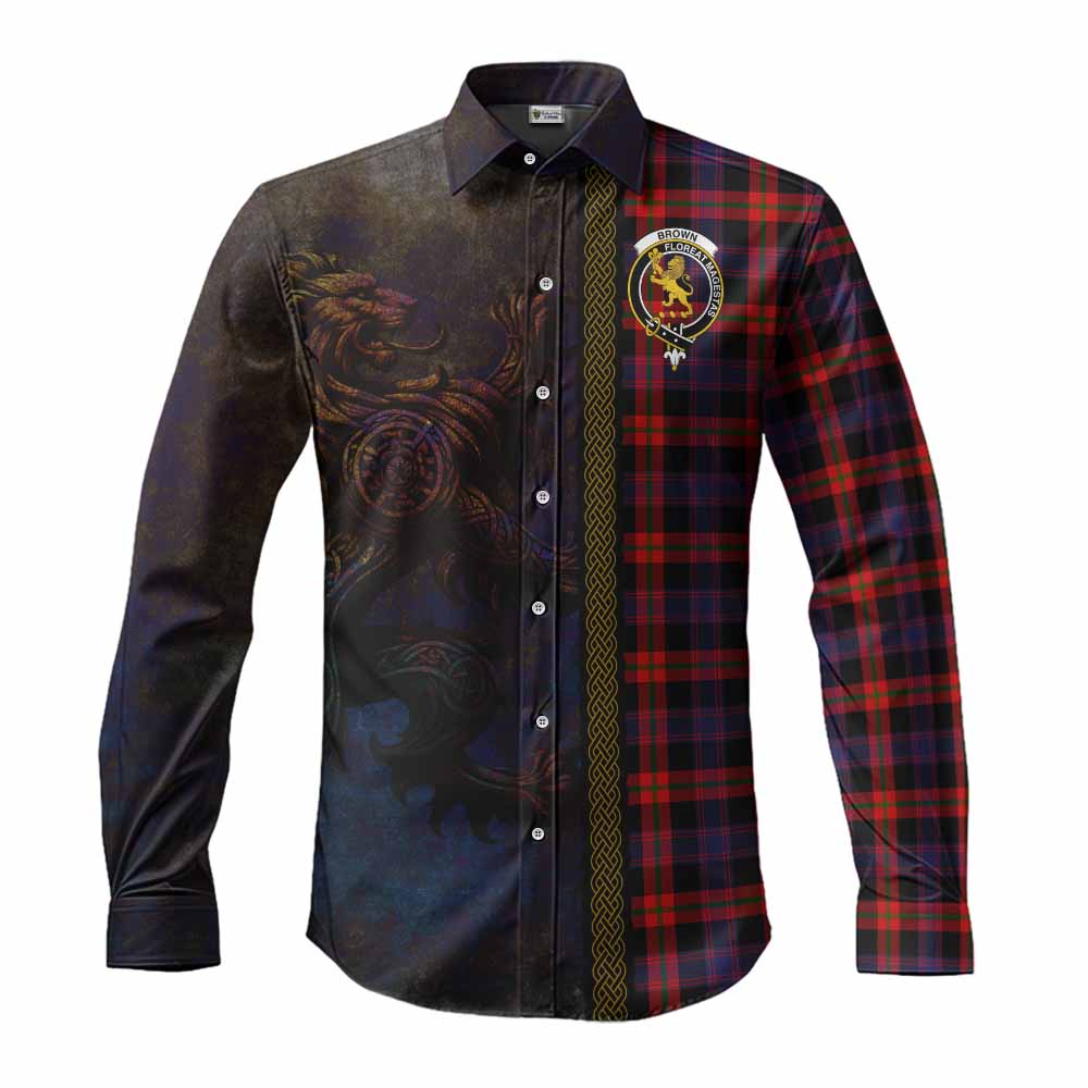 Brown (Broun) Tartan Family Crest Long Sleeve Button Shirt Alba Gu Brath Be Brave Lion Ancient Style Men's Shirt S - Tartan Vibes Clothing