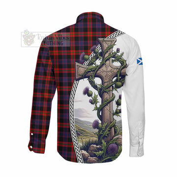 Brown (Broun) Tartan Long Sleeve Button Shirt with Family Crest and St. Andrew's Cross Accented by Thistle Vines Men's Shirt - Tartan Vibes Clothing
