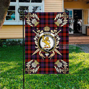 Brown (Broun) Tartan Garden Flag with Family Crest and Golden Thistle Crossed Sword Design Garden Flag - Tartan Vibes Clothing
