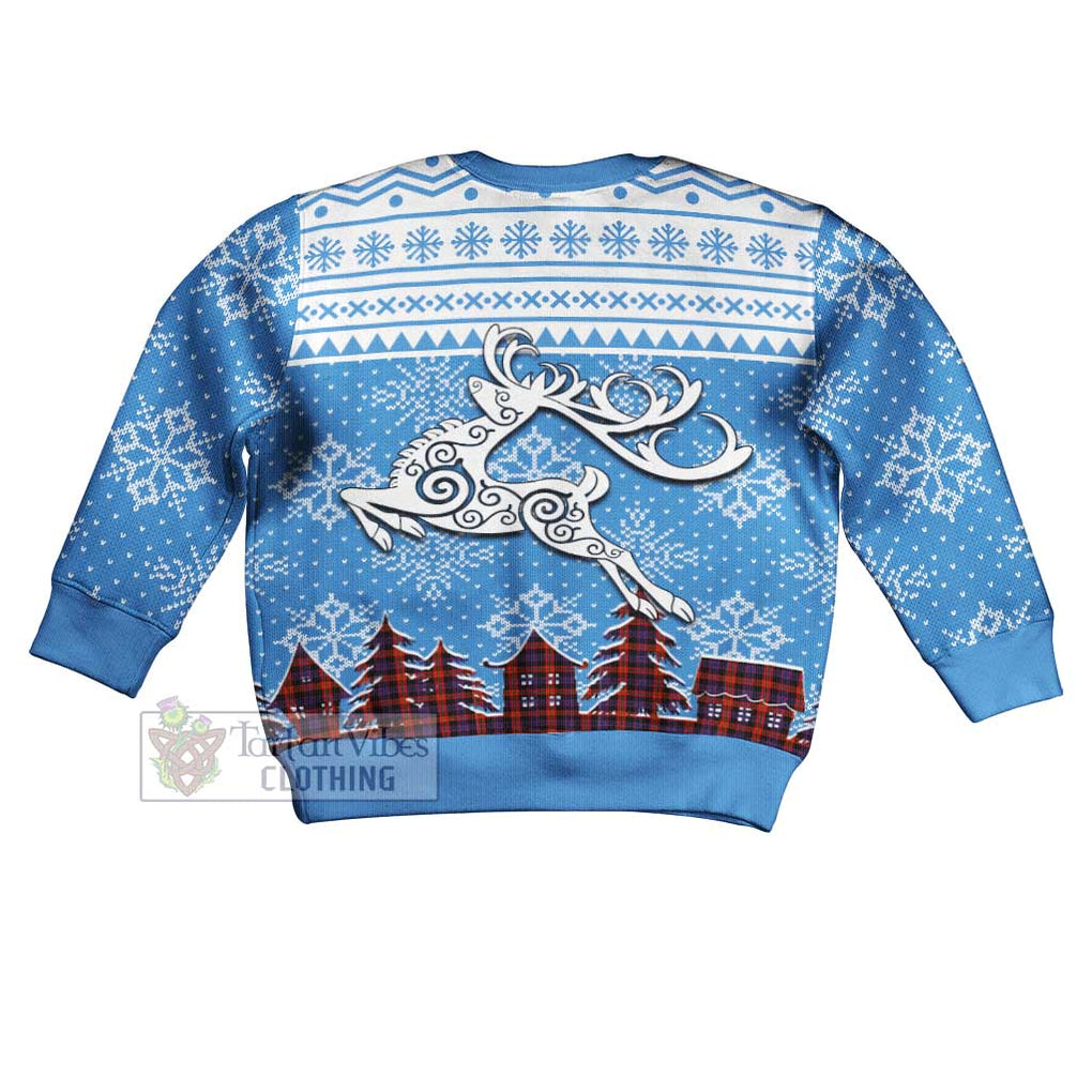 Tartan Vibes Clothing Brown (Broun) Clan Christmas Kid Ugly Sweater with Tartan and Celtic Raindeer Style