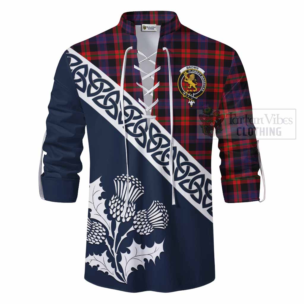 Brown (Broun) Tartan Ghillie Kilt Shirt Featuring Thistle and Scotland Map - Tartan Vibes Clothing