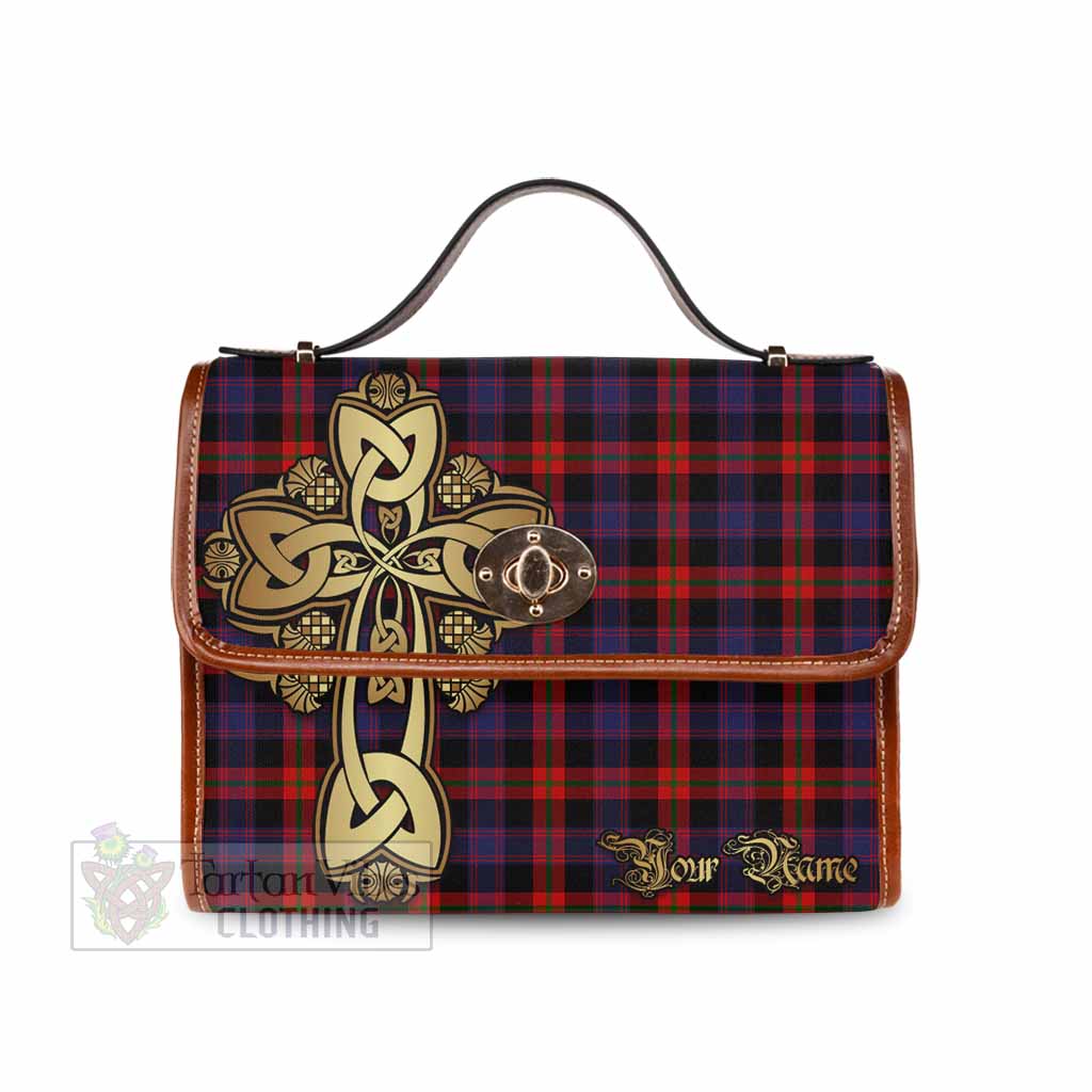 Brown (Broun) Tartan Waterproof Canvas Bag Golden Thistle Celtic Cross Style Brown Leather Strap One Size 10.5*20*27cm - Tartan Vibes Clothing