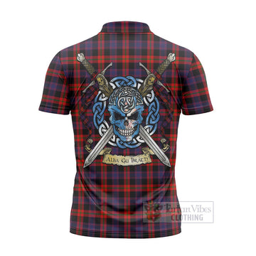 Brown (Broun) Tartan Zipper Polo Shirt with Family Crest Celtic Skull Style - Tartan Vibes Clothing