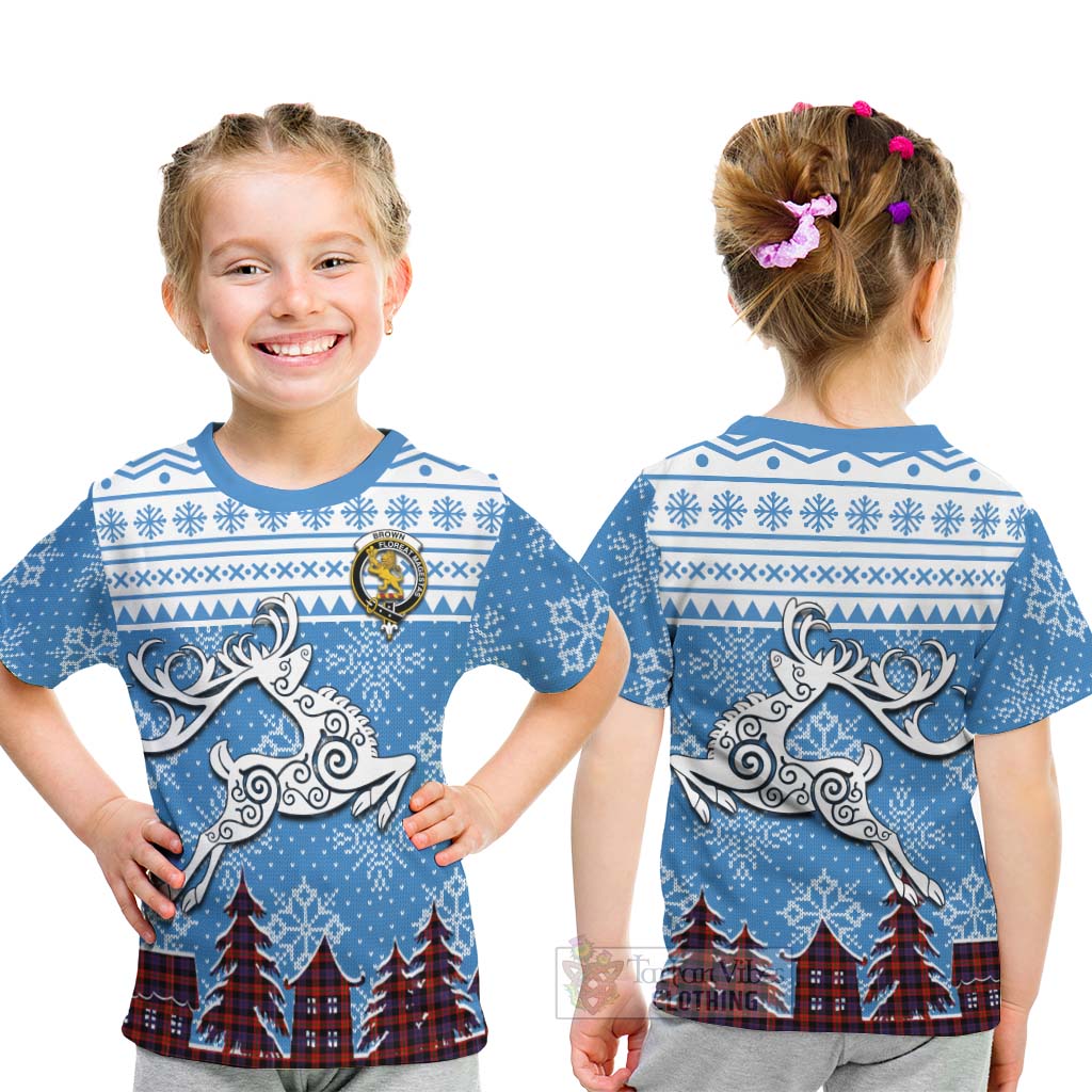 Brown (Broun) Clan Christmas Kid T-Shirt Celtic Reindeer Style - Tartan Vibes Clothing