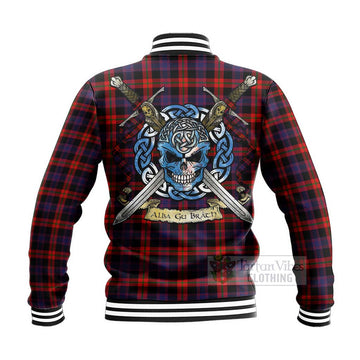 Brown (Broun) Tartan Baseball Jacket with Family Crest Celtic Skull Style - Tartan Vibes Clothing
