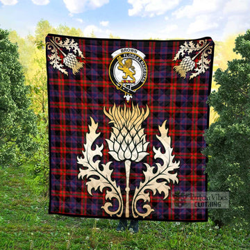 Brown (Broun) Tartan Quilt with Family Crest and Golden Thistle Style - Tartan Vibes Clothing