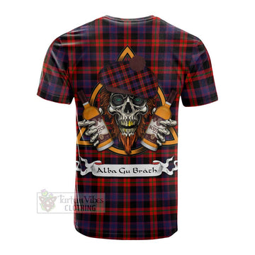 Brown (Broun) Tartan Cotton T-shirt with Family Crest and Bearded Skull Holding Bottles of Whiskey - Tartan Vibes Clothing