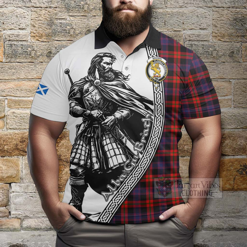 Brown (Broun) Tartan Clan Crest Polo Shirt with Highlander Warrior Celtic Style - Tartan Vibes Clothing