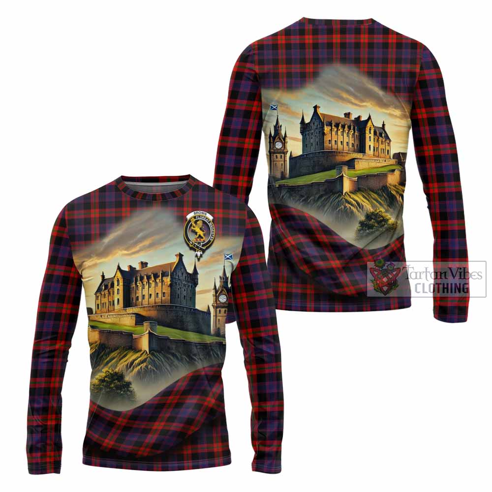 Brown (Broun) Tartan Family Crest Long Sleeve T-Shirt with Scottish Ancient Castle Style - Tartan Vibes Clothing
