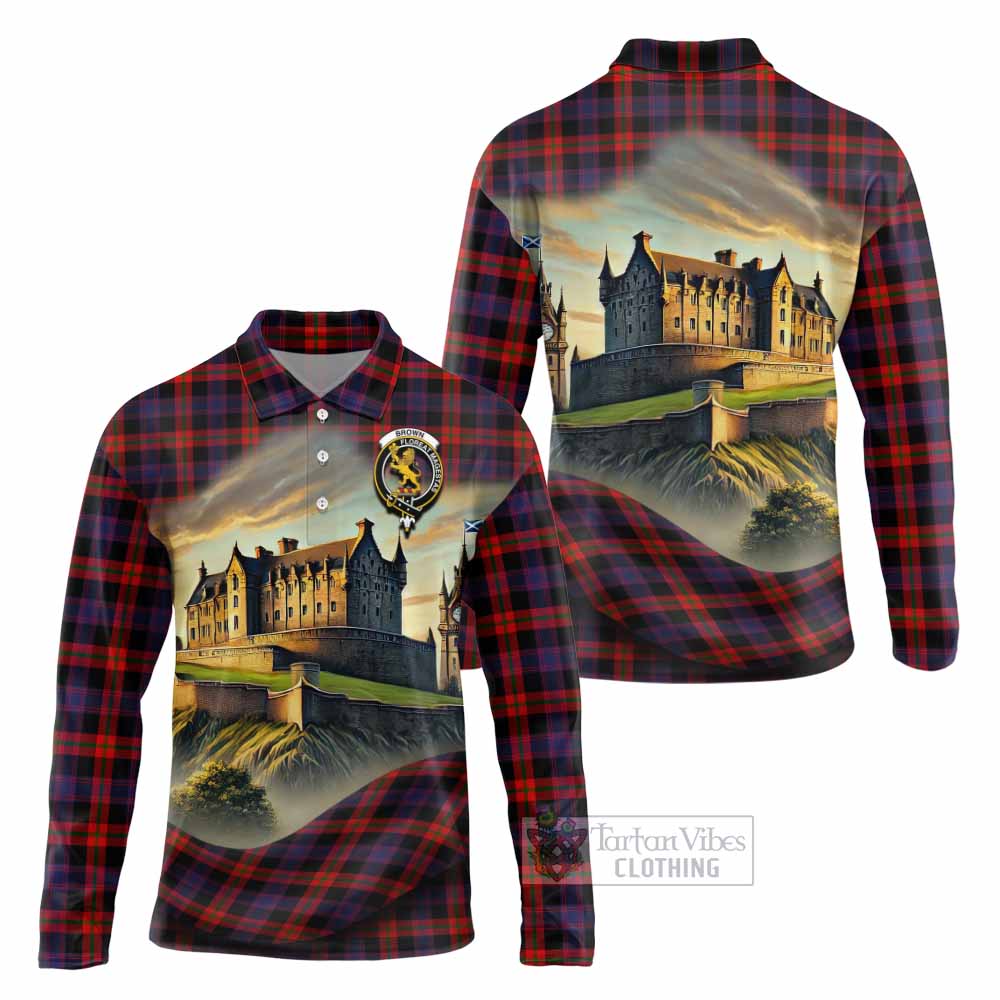 Brown (Broun) Tartan Family Crest Long Sleeve Polo Shirt with Scottish Ancient Castle Style - Tartan Vibes Clothing