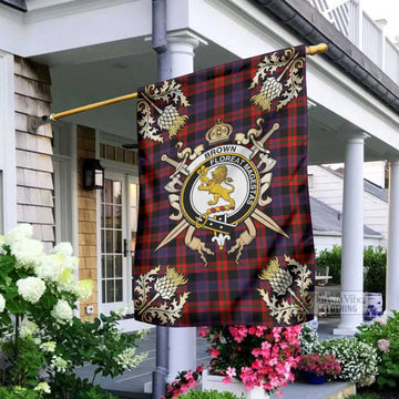 Brown (Broun) Tartan Garden Flag with Family Crest and Golden Thistle Crossed Sword Design - Tartan Vibes Clothing