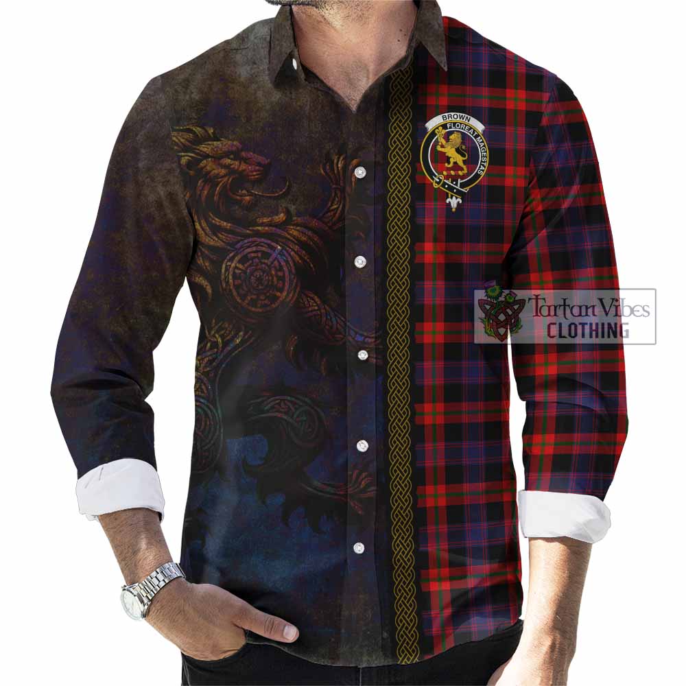 Brown (Broun) Tartan Family Crest Long Sleeve Button Shirt Alba Gu Brath Be Brave Lion Ancient Style - Tartan Vibes Clothing