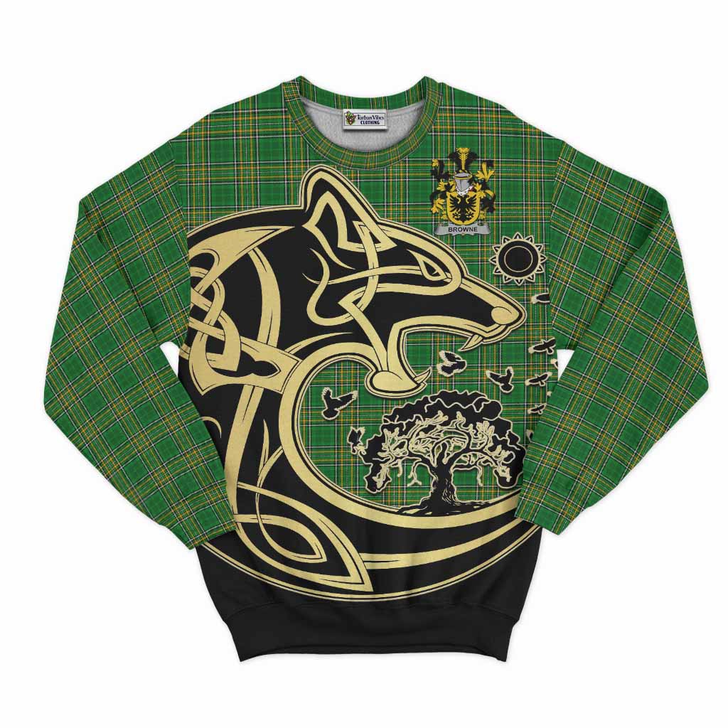 Browne Irish Tartan Sweatshirt with Coat of Arms Celtic Wolf Style Unisex - Tartan Vibes Clothing