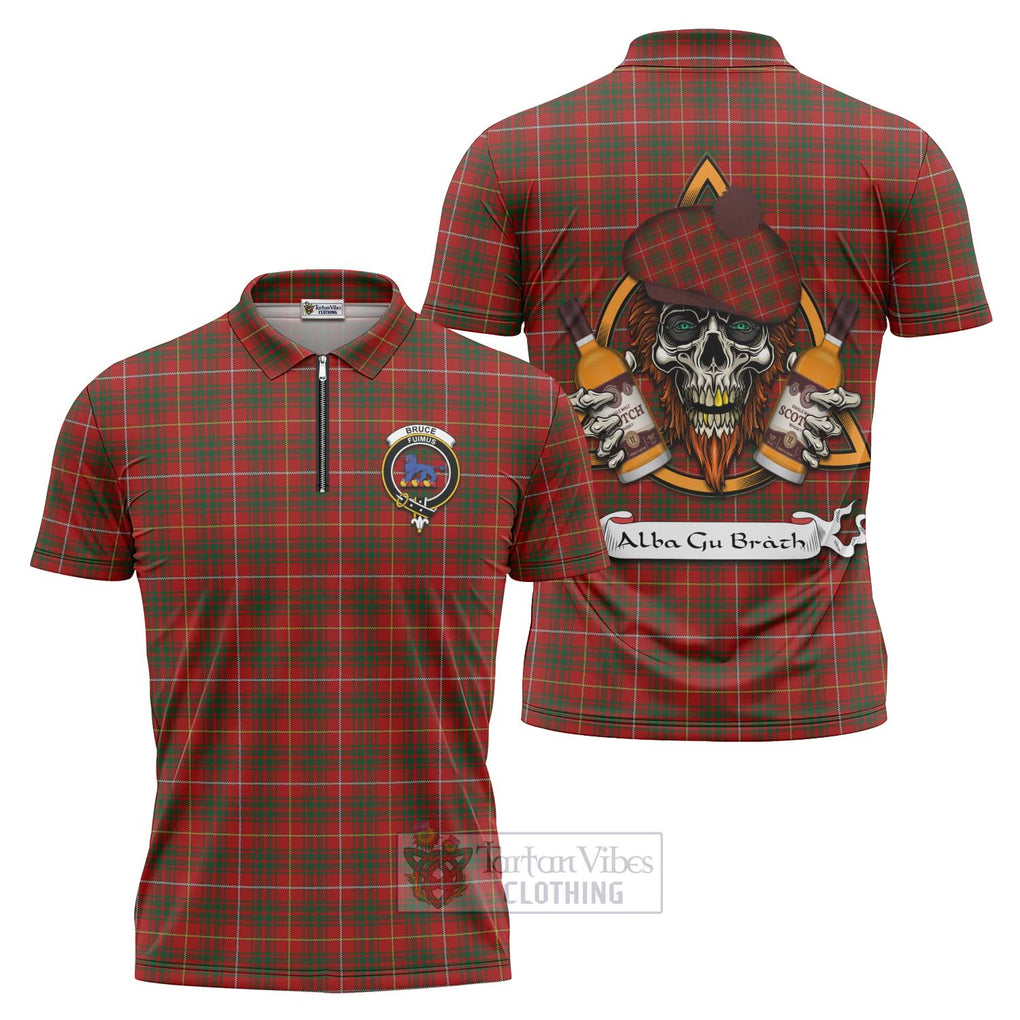 Tartan Vibes Clothing Bruce Tartan Zipper Polo Shirt with Family Crest and Bearded Skull Holding Bottles of Whiskey