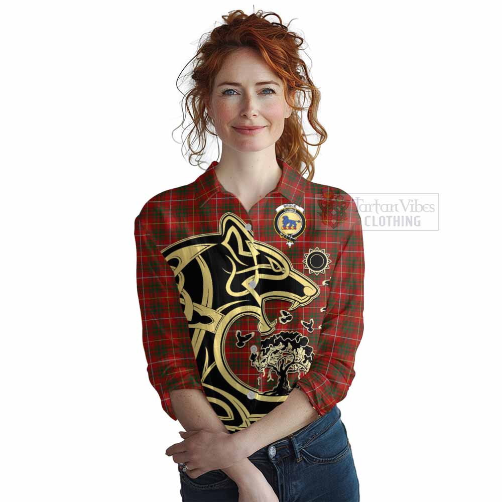 Tartan Vibes Clothing Bruce Tartan Women's Casual Shirt with Family Crest Celtic Wolf Style