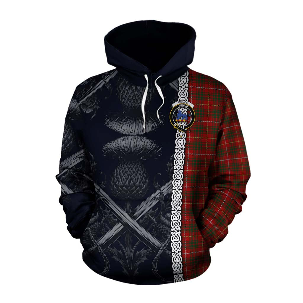 Bruce Tartan Cotton Hoodie with Family Crest Cross Sword Thistle Celtic Vibes Pullover Hoodie XS - Tartan Vibes Clothing
