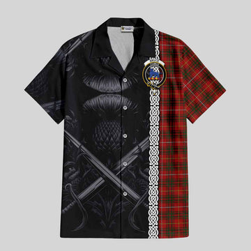 Bruce Tartan Short Sleeve Button Shirt with Family Crest Cross Sword Thistle Celtic Vibes