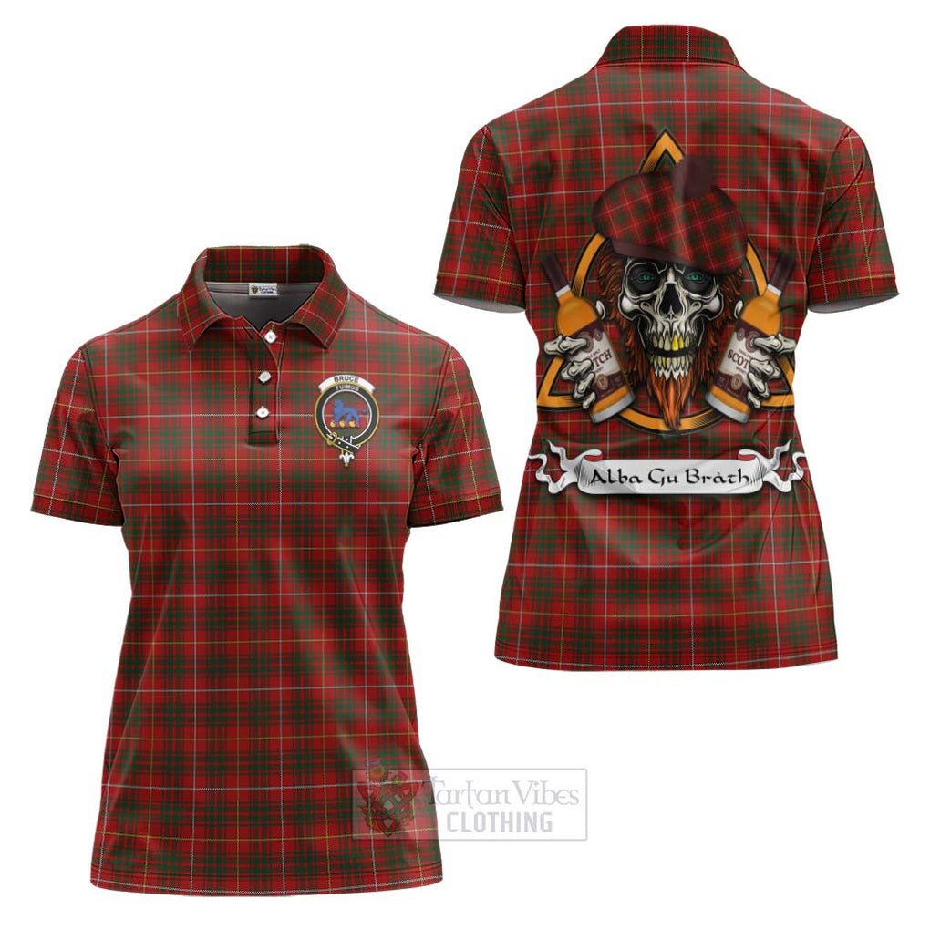 Tartan Vibes Clothing Bruce Tartan Women's Polo Shirt with Family Crest and Bearded Skull Holding Bottles of Whiskey