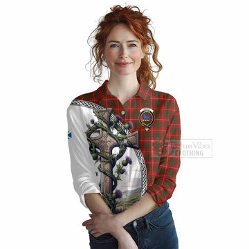 Bruce Tartan Women's Casual Shirt with Family Crest and St. Andrew's Cross Accented by Thistle Vines