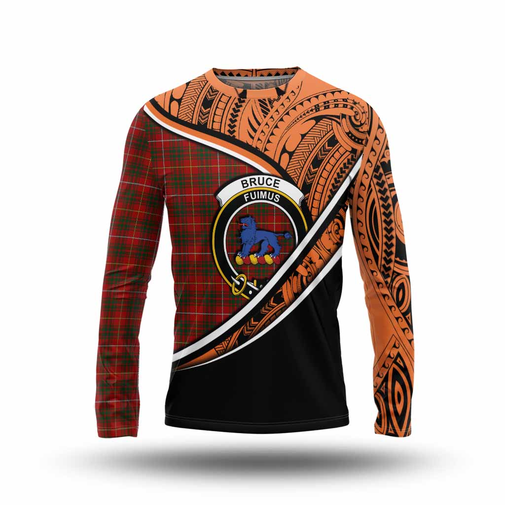 Tartan Vibes Clothing Bruce Crest Tartan Long Sleeve T-Shirt with Maori Tattoo Style - Orange Version