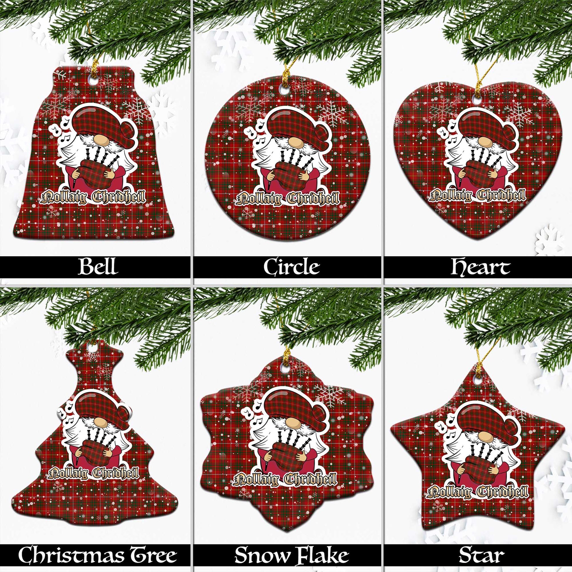 Bruce Tartan Christmas Ornaments with Scottish Gnome Playing Bagpipes Ceramic - Tartanvibesclothing