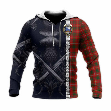 Bruce Tartan Knitted Hoodie with Family Crest Cross Sword Thistle Celtic Vibes