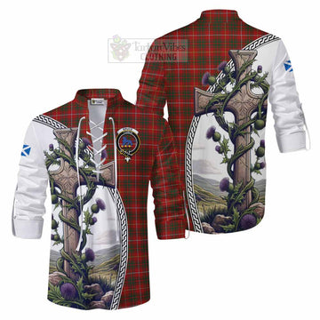 Bruce Tartan Ghillie Kilt Shirt with Family Crest and St. Andrew's Cross Accented by Thistle Vines