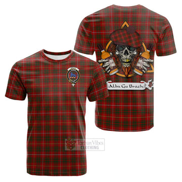 Bruce Tartan Cotton T-shirt with Family Crest and Bearded Skull Holding Bottles of Whiskey