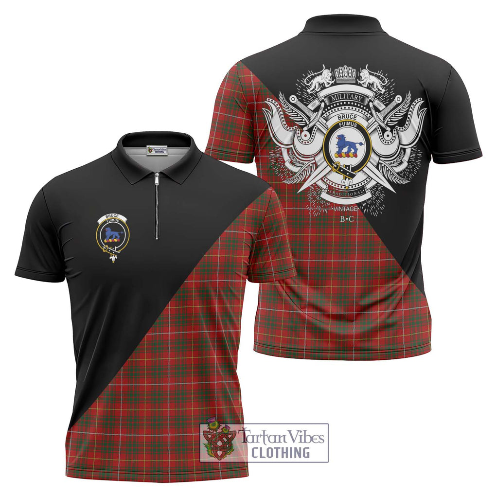 Bruce Tartan Zipper Polo Shirt with Family Crest and Military Logo Style Unisex - Tartanvibesclothing Shop